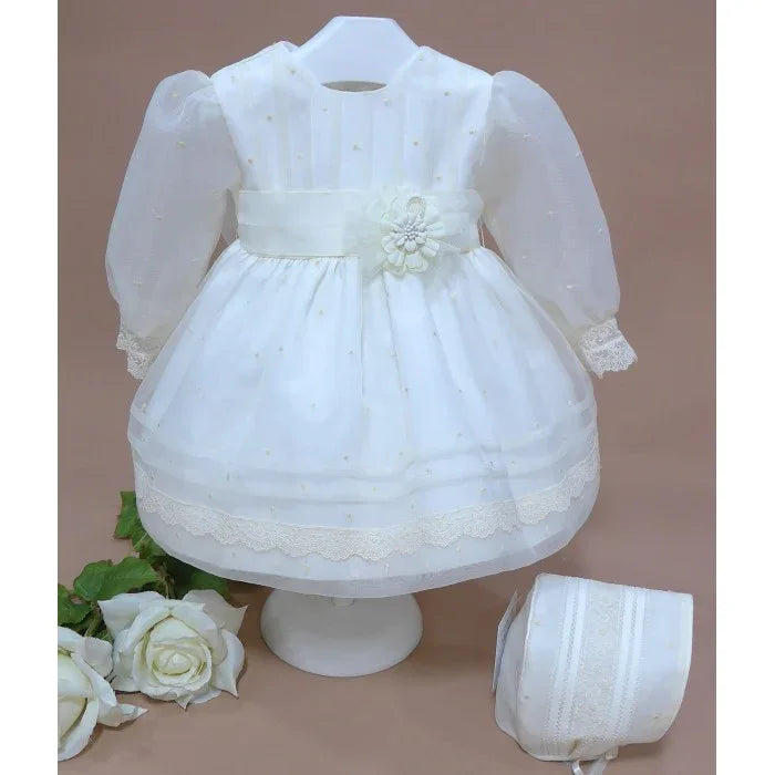 Vestido organza bordada beig y capota - PARDALETS