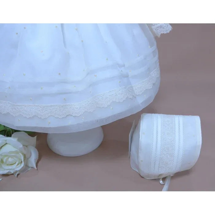 Vestido organza bordada beig y capota - PARDALETS
