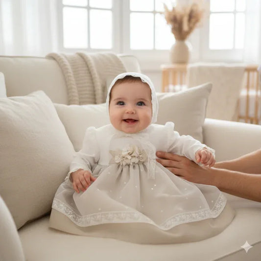 Vestido organza bordada y falda lino arena - PARDALETS