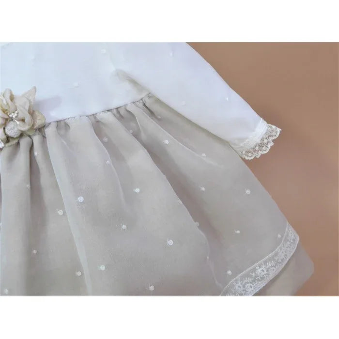 Vestido organza bordada y falda lino arena - PARDALETS