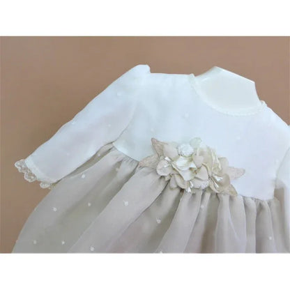 Vestido organza bordada y falda lino arena - PARDALETS