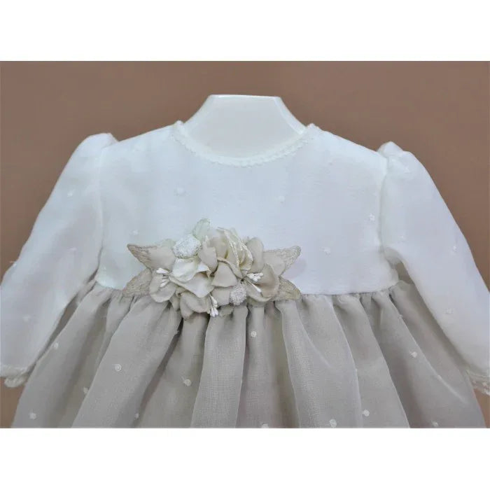 Vestido organza bordada y falda lino arena - PARDALETS