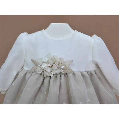 Vestido organza bordada y falda lino arena - PARDALETS
