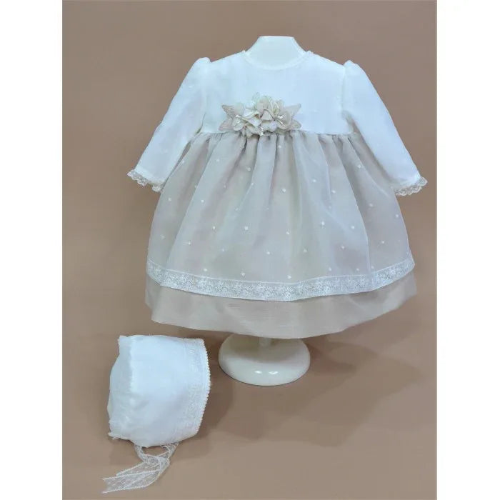 Vestido organza bordada y falda lino arena - PARDALETS
