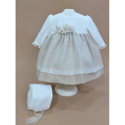 Vestido organza bordada y falda lino arena - PARDALETS