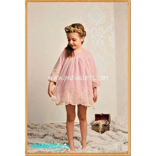Vestido rosa empolvado y tul bordado dorado manga francesa - PARDALETS