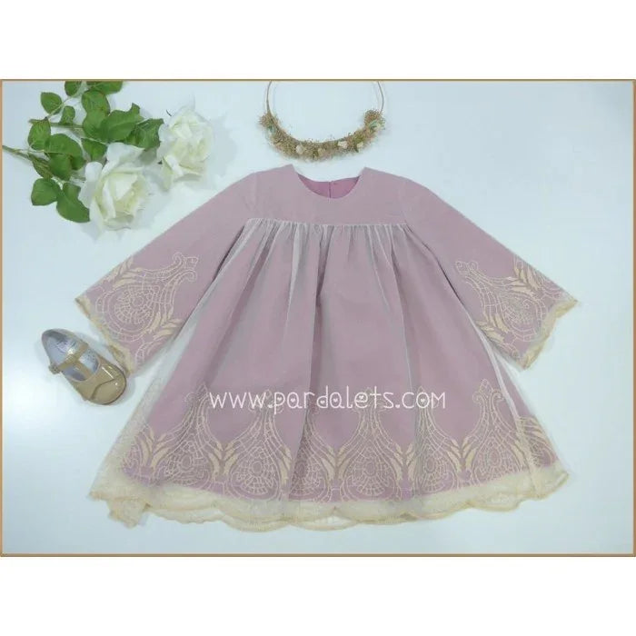 Vestido rosa empolvado y tul bordado dorado manga francesa - PARDALETS
