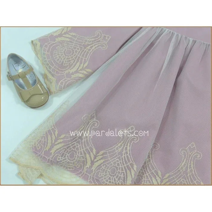 Vestido rosa empolvado y tul bordado dorado manga francesa - PARDALETS