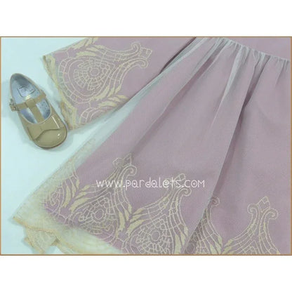 Vestido rosa empolvado y tul bordado dorado manga francesa - PARDALETS