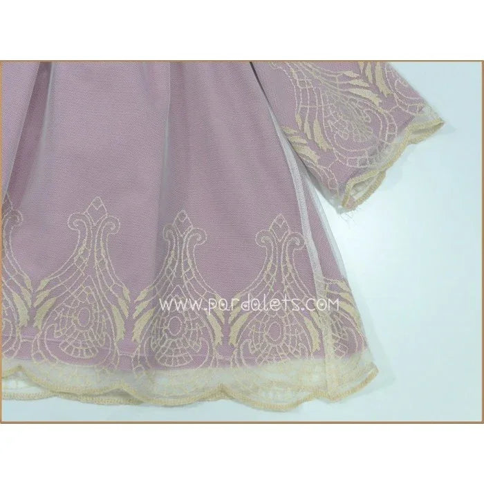 Vestido rosa empolvado y tul bordado dorado manga francesa - PARDALETS