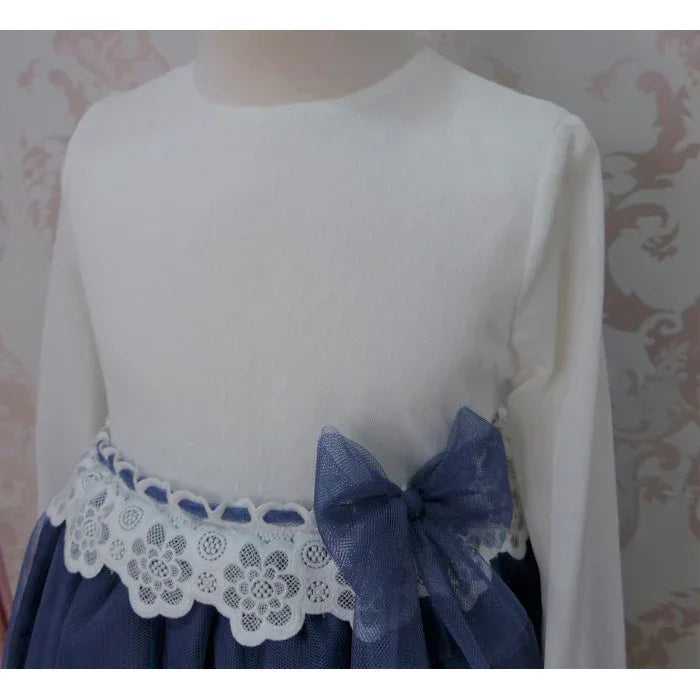 Vestido tul beig y azul marino con lazo - PARDALETS