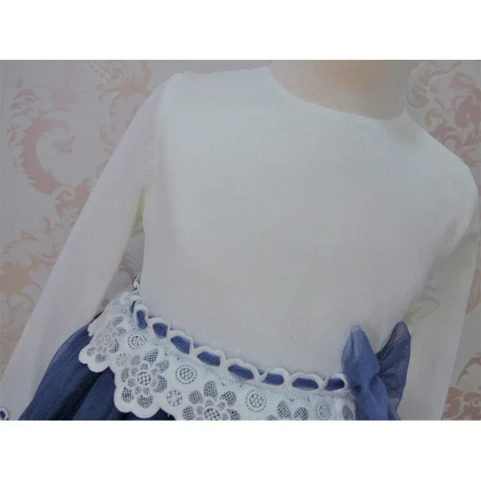 Vestido tul beig y azul marino con lazo - PARDALETS