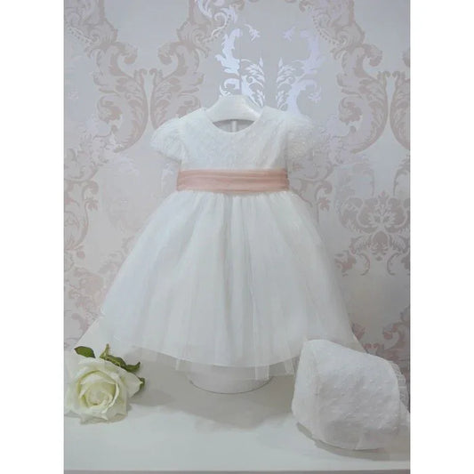 VESTIDO TUL BLANCO Y FAJIN ROSA SALMON - PARDALETS