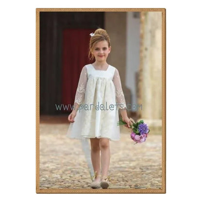 Vestido tul bordado beige manga francesa - PARDALETS