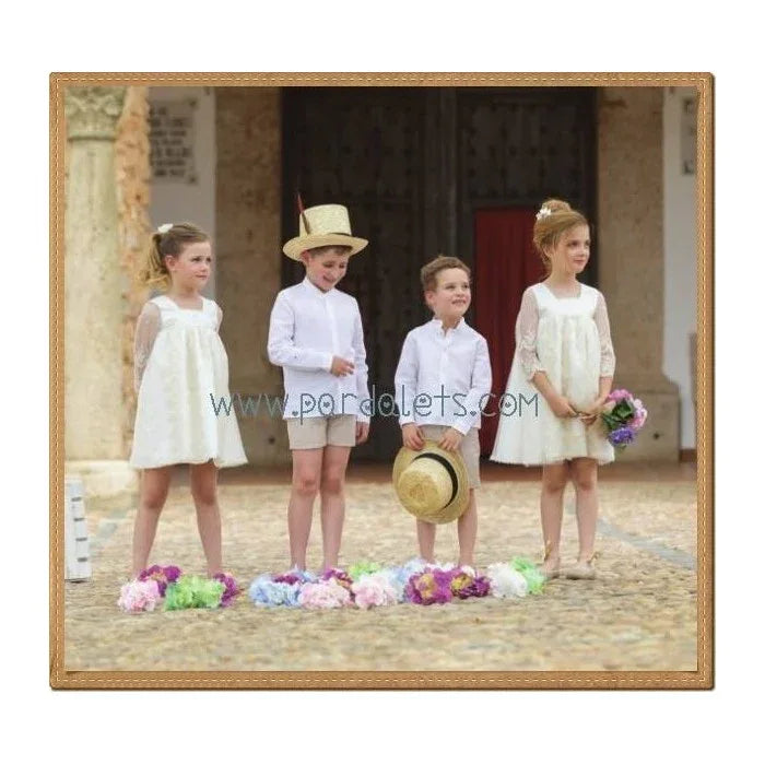 Vestido tul bordado beige manga francesa - PARDALETS