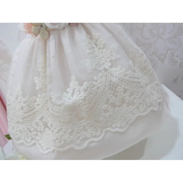 Vestido tul bordado cuerpo beig falda rosa broche flor - PARDALETS