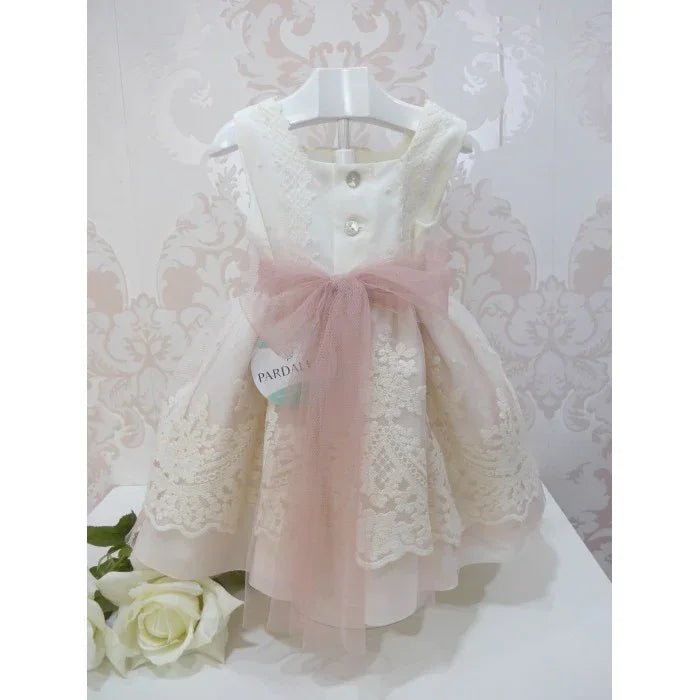 Vestido tul bordado cuerpo beig falda rosa broche flor - PARDALETS