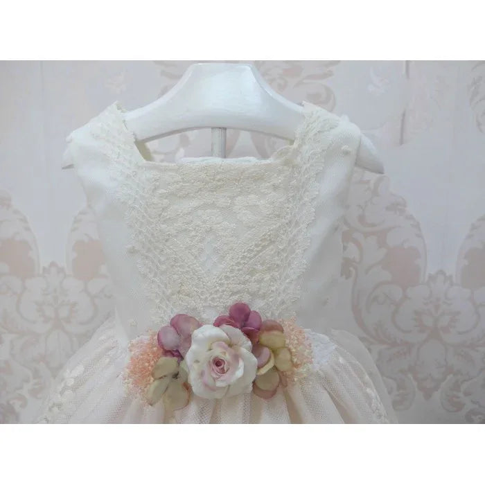 Vestido tul bordado cuerpo beig falda rosa broche flor - PARDALETS