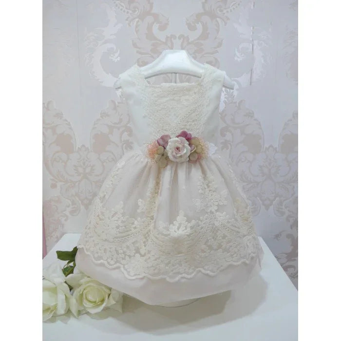 Vestido tul bordado cuerpo beig falda rosa broche flor - PARDALETS