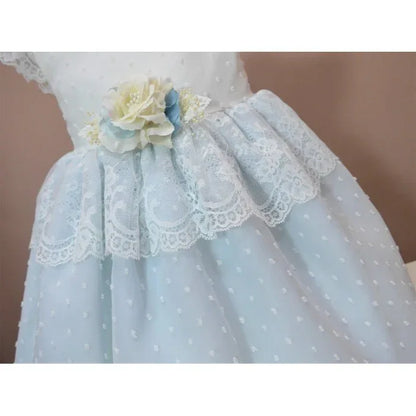 Vestido tul de plumeti azul con volante - PARDALETS