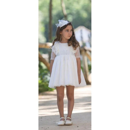 Vestido tul de plumeti blanco roto y lazo celeste - PARDALETS