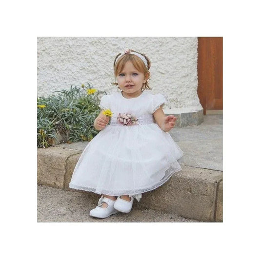 Vestido tul de plumeti blanco y fajin lino tostado - PARDALETS