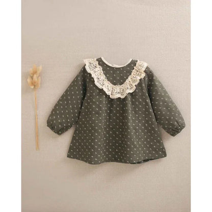 Vestido verde con hojitas y ganchillo beig - PARDALETS