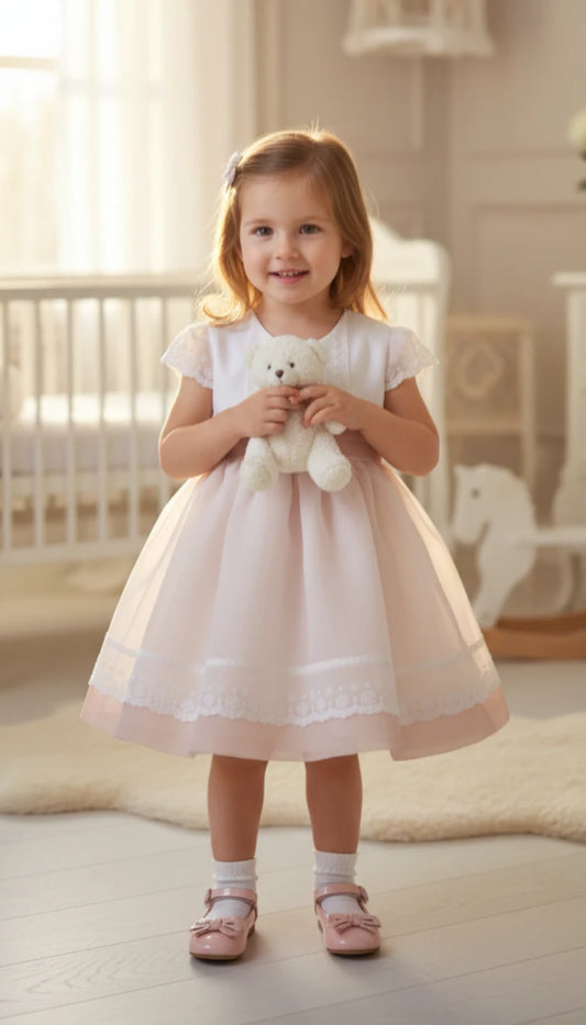 Vestido batista inglesa blanco y rosa